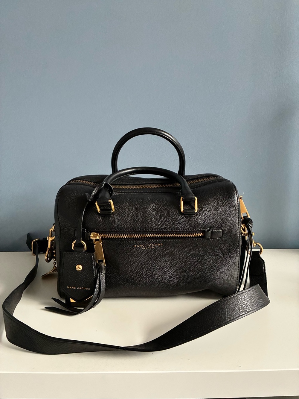 Marc Jacobs Black Leather Bowler Satchel with Gold Hardware